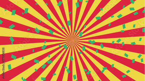 Vibrant Red and Yellow Sunburst Pattern with Green Confetti