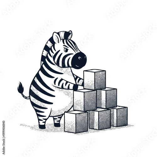 Cartoon Zebra Building with Blocks.