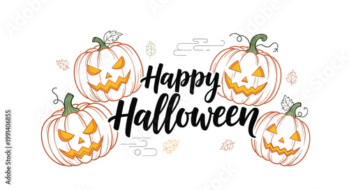 Festive Halloween greeting design featuring the text happy halloween surrounded by four carved jack o lantern pumpkins on white.