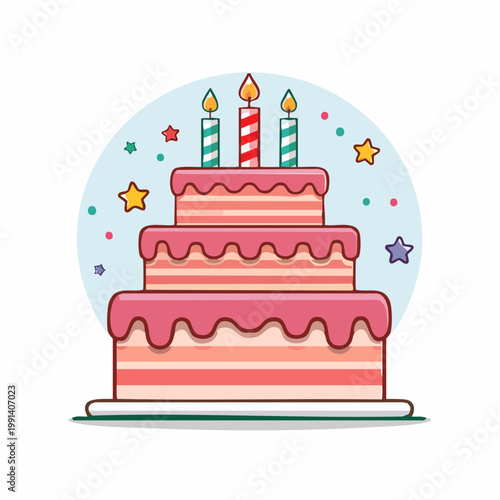 Three Tiered Birthday Cake with Candles and Confetti