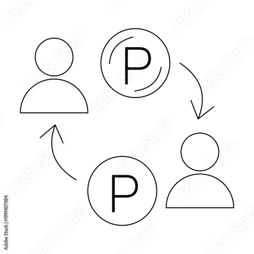 Peer to peer point transfer icon. Two people exchanging reward points with arrows. Editable stroke, Vector illustration, Line art Icon, Symbols.