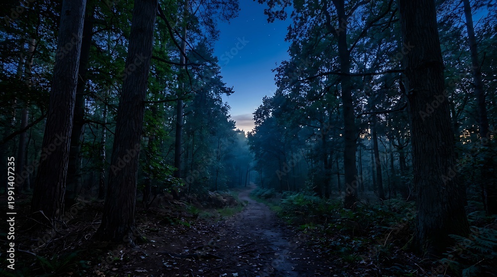 Fototapeta premium Dark Forest Path at Night Under Starry Sky with Tall Trees and Moonlight