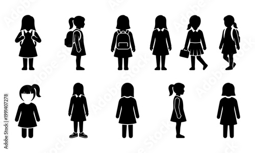 School girl silhouette icons, set of 11 student vector characters with backpacks, primary school children in uniforms for education infographics