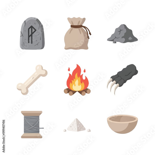 Collection of ancient survival and primitive objects icons.