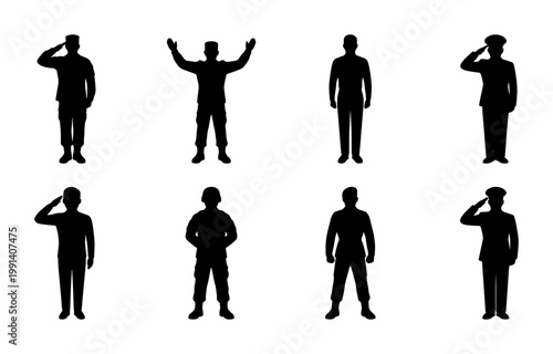 Military soldier silhouettes set, army personnel in uniform saluting and standing, 8 black vector figures of security officers and veterans