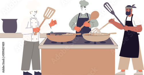 Three chefs cooking together on a stove in a busy kitchen environment