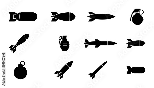 Military weapon icons set, black silhouette bombs and missiles vector collection, 12 explosive grenade and rocket warhead illustrations for infographics