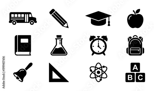 School education icon set, black solid vector symbols for learning and teaching, collection of 12 academic study elements for classroom apps