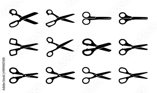 Black scissors silhouette set, 12 professional cutting tool icons, minimalist tailor and barber shears collection, sharp steel blade vector symbols