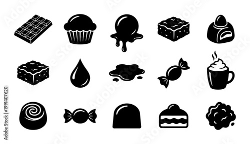 Chocolate and dessert icons set, 15 black vector silhouettes of sweets and cocoa treats, minimalist candy and bakery symbols for cafe menus