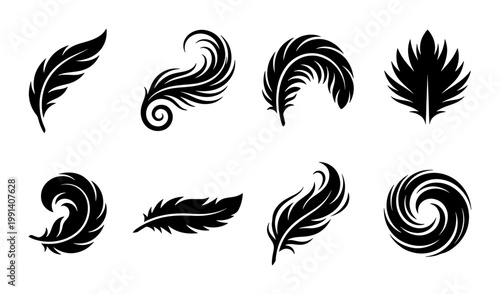 Elegant black feather silhouettes, set of 8 decorative bird plumes, vintage quill and plume vector icons for logo design and branding