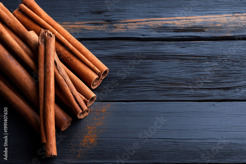 Cinnamon sticks on a dark wooden background