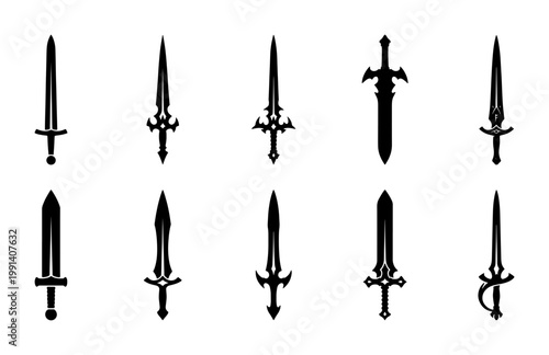 Medieval sword silhouettes set, 10 fantasy blade icons in black vector style, ancient warrior weapon collection for gaming and heraldry
