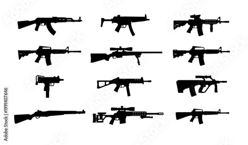 Military weapon silhouettes set, 12 assault rifle and sniper gun icons, black firearm vector collection for gaming and tactical design