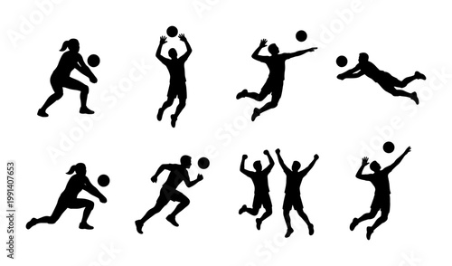 Volleyball player silhouettes set, 8 athlete vector icons in action poses, professional volleyball players jumping and spiking, sports competition graphics