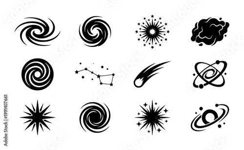 Minimalist space icons set, black celestial vector symbols including galaxy spirals and stars, 12 astronomy elements for science infographics