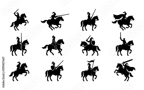 Medieval knight silhouettes set, 12 black armored warrior icons on horseback, ancient cavalry soldiers with swords and spears, historical battle vector