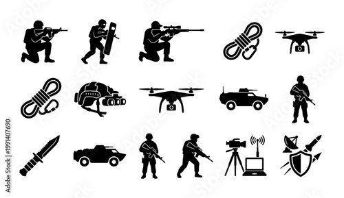 Military tactical icons set, black soldier silhouettes and army equipment vector, 15 special forces combat gear and warfare vehicle symbols