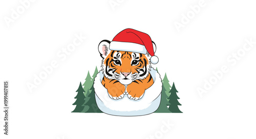Cute baby tiger wearing a santa claus hat is peeking out of a white snowball with evergreen trees in the background.