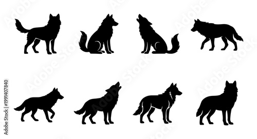 Wolf silhouette vector set, 8 black canine icons in various poses, howling and standing wild animal silhouettes, minimalist forest predator graphics