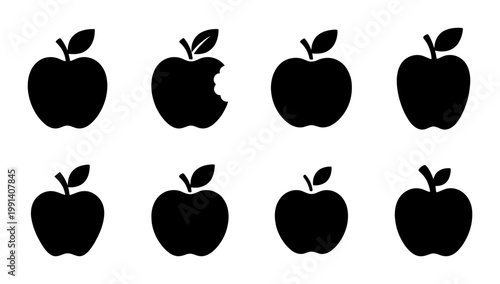 Minimalist black apple silhouette icons, set of 8 fruit vector symbols, flat organic food shapes for healthy lifestyle branding and nutrition apps