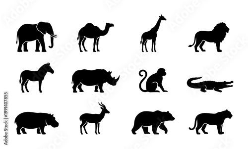 African safari wild animal silhouettes, set of 12 black zoo animal icons, wildlife fauna vector collection for nature education and logo design