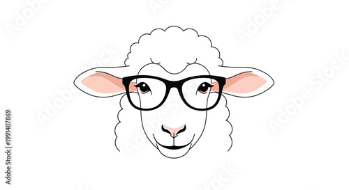 Frontal view of a cute sheep head wearing thick black rimmed glasses is shown in a minimalist animal illustration.