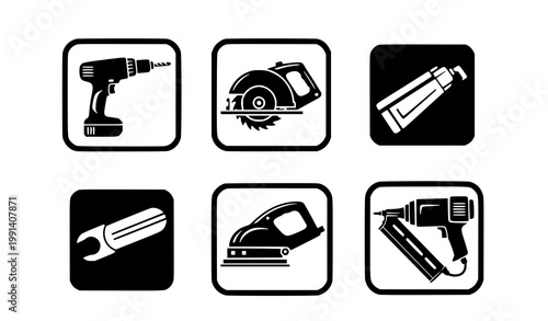 Power tools badge icon set with drill saw sander and nail gun in modern vector design