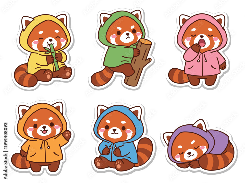 Naklejka premium Adorable Red Panda Characters in Hoodies Illustration Set.