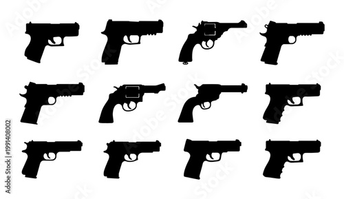 Black handgun silhouettes collection, set of 12 pistol and revolver vector icons, flat firearm weapon shapes for security and military design
