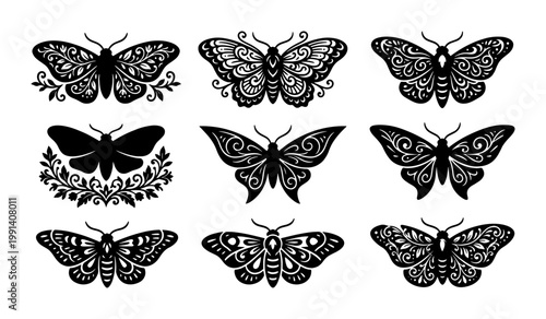 Vintage moth and butterfly silhouettes, set of 9 mystical insect vector icons, celestial moon phase butterfly illustrations for tattoo design