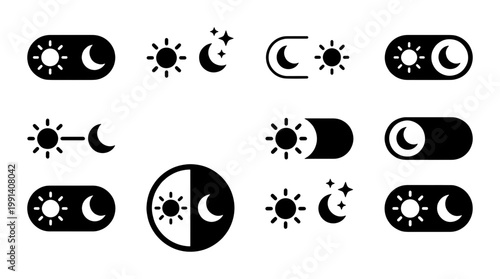 Dark mode toggle switch icons, day and night mode interface buttons, sun and moon light theme sliders, 11 black vector UI elements for web design