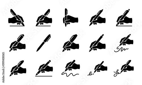 Minimalist hand writing icons set, black silhouette human hand holding pen vector, 15 business signature and document signing symbols