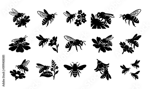 Vintage honey bee silhouette icons, set of 15 bumblebee and flower vector illustrations, black honeybee garden nature graphics for organic branding