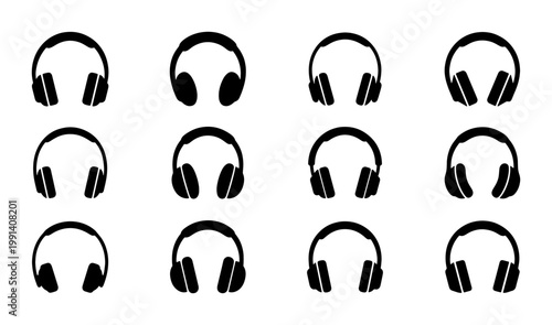 Minimalist headphone icon set, black silhouette audio headset collection, 12 vector music equipment symbols for podcast and gaming interface design