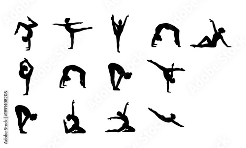 Gymnastics silhouette collection with 14 female athlete poses, rhythmic gymnastics and yoga stretching vector set, black acrobatic figures on white