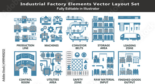 Factory system vector icons set, top view industrial layout symbols, production lines, machines, conveyors, storage, loading zones, utilities CAD plan