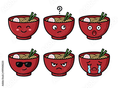 Obraz na płótnie Set of six ramen bowls with different cartoon faces.