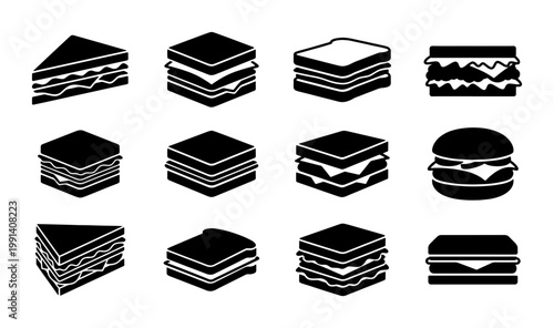 Minimalist sandwich icon set, black silhouette food vector collection, 12 fast food and deli lunch symbols for restaurant menus and cafe signage