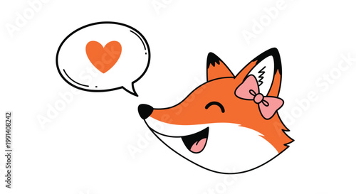 Cute red fox with a pink bow on its ear is shown with a red heart inside a speech bubble in a friendly animal character.