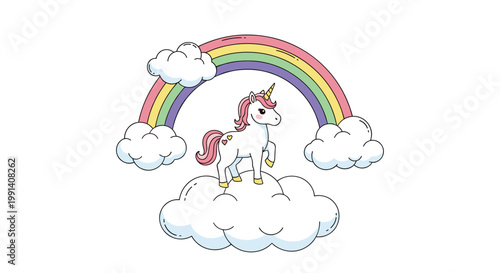 Magical white unicorn with a pink mane and tail is standing on a soft cloud under a colorful rainbow in the sky.