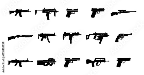 Military weapon silhouettes set, 15 firearm icons including rifles and handguns, black gun vector collection for gaming and tactical design