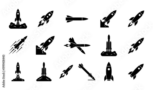 Rocket launch icons set, black spaceship silhouette collection of 15 vector elements, missile and spacecraft symbols for startup business and technology
