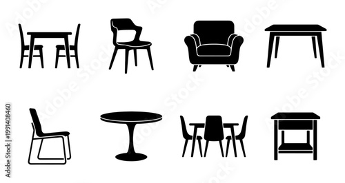 Modern furniture silhouette icons, minimalist home interior decor set of 8 vector elements, black chair and table symbols for floor plan design