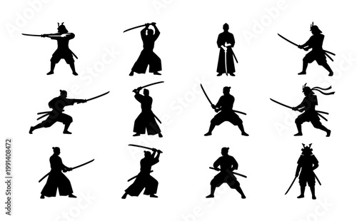 Samurai silhouette collection, 12 Japanese warrior vector icons. Ancient ronin fighter poses with katana swords. Martial arts combat silhouettes.