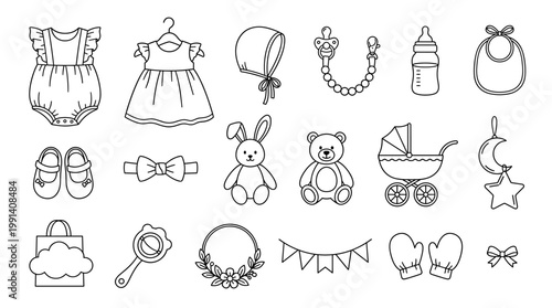 Black and white baby accessories vector set with clothes, booties, pacifier, teddy, bunny, stroller, bottle, rattle, bib and nursery icons