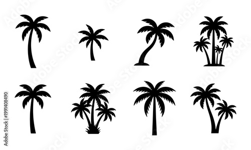 Tropical palm tree silhouettes, set of 8 black coconut tree icons, summer beach vacation vector elements for travel branding and logo design