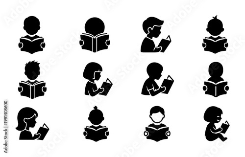 Minimalist reading icons set, 12 black silhouette children reading books, flat vector education symbols for school and library apps