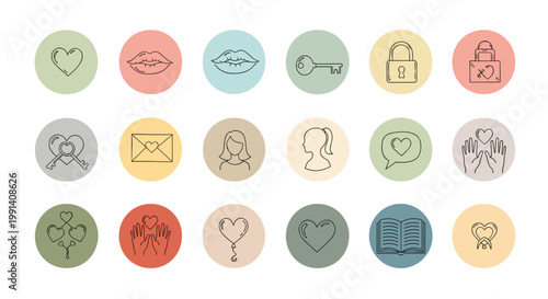 Collection of romantic line art icons in colorful circles including hearts, lips, keys, locks, and love letters.