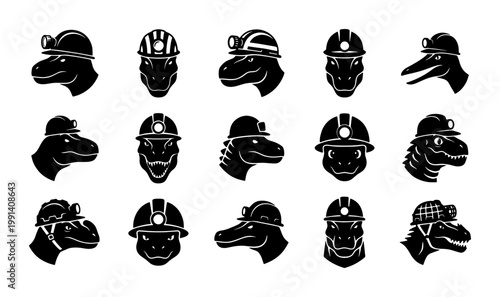 Dinosaur miner mascot icons, set of 15 prehistoric animal heads wearing hard hats with lamps, black and white vector silhouettes for construction branding